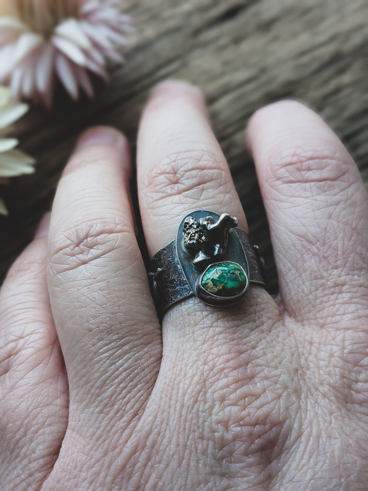 Handmade Sterling Silver Sonoran Gold Turquoise Ring – Fern & Mushroom Design