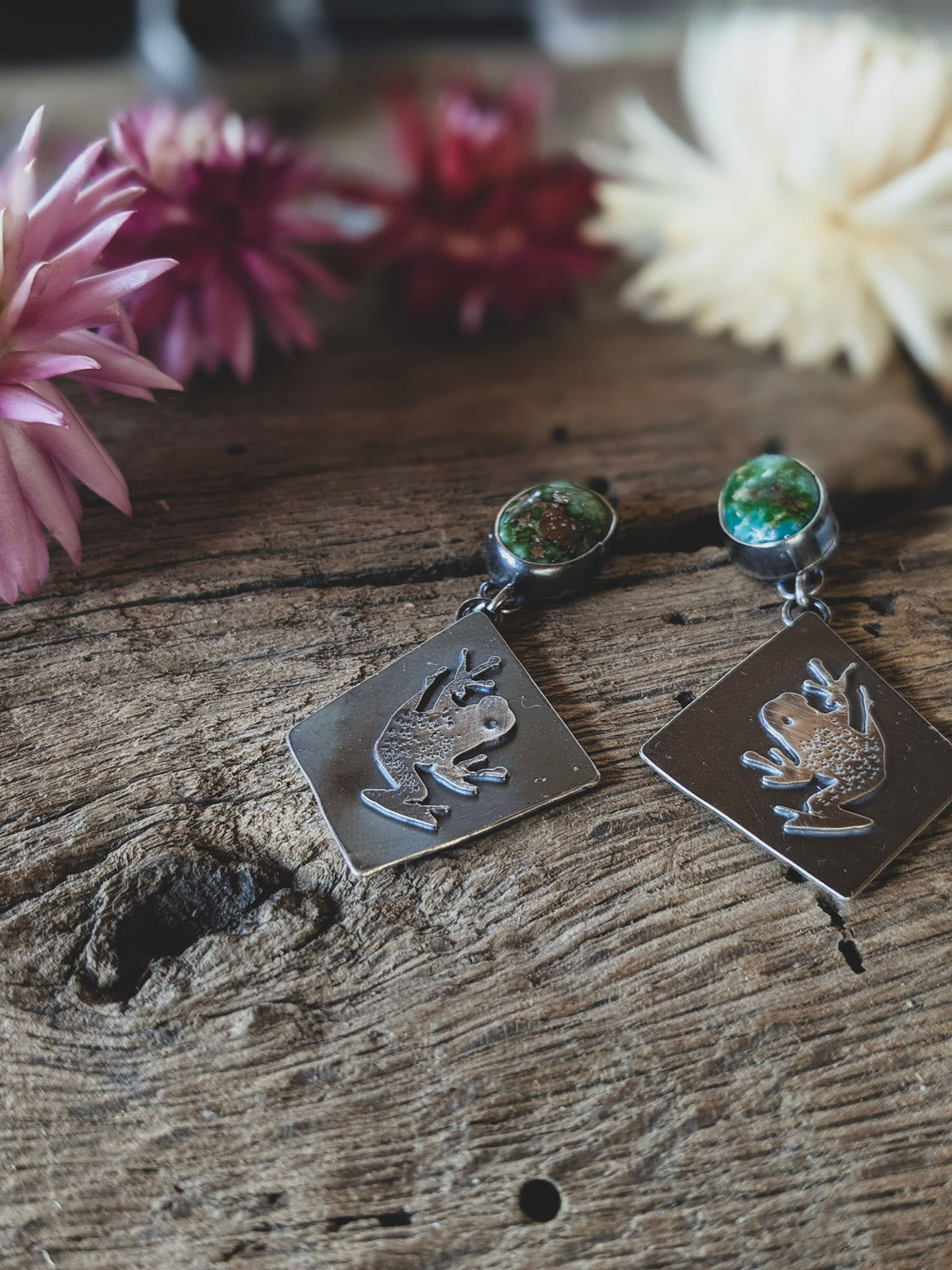 Tree Frog & Sonoran Gold Turquoise Post Dangle Earrings