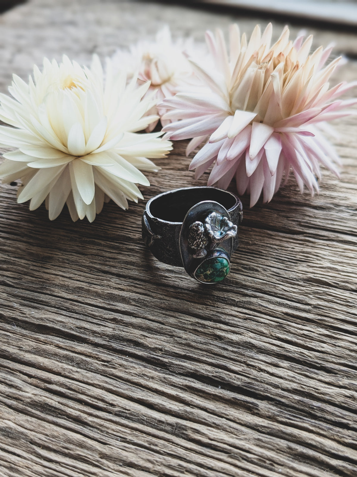 Handmade Sterling Silver Sonoran Gold Turquoise Ring – Fern & Mushroom Design