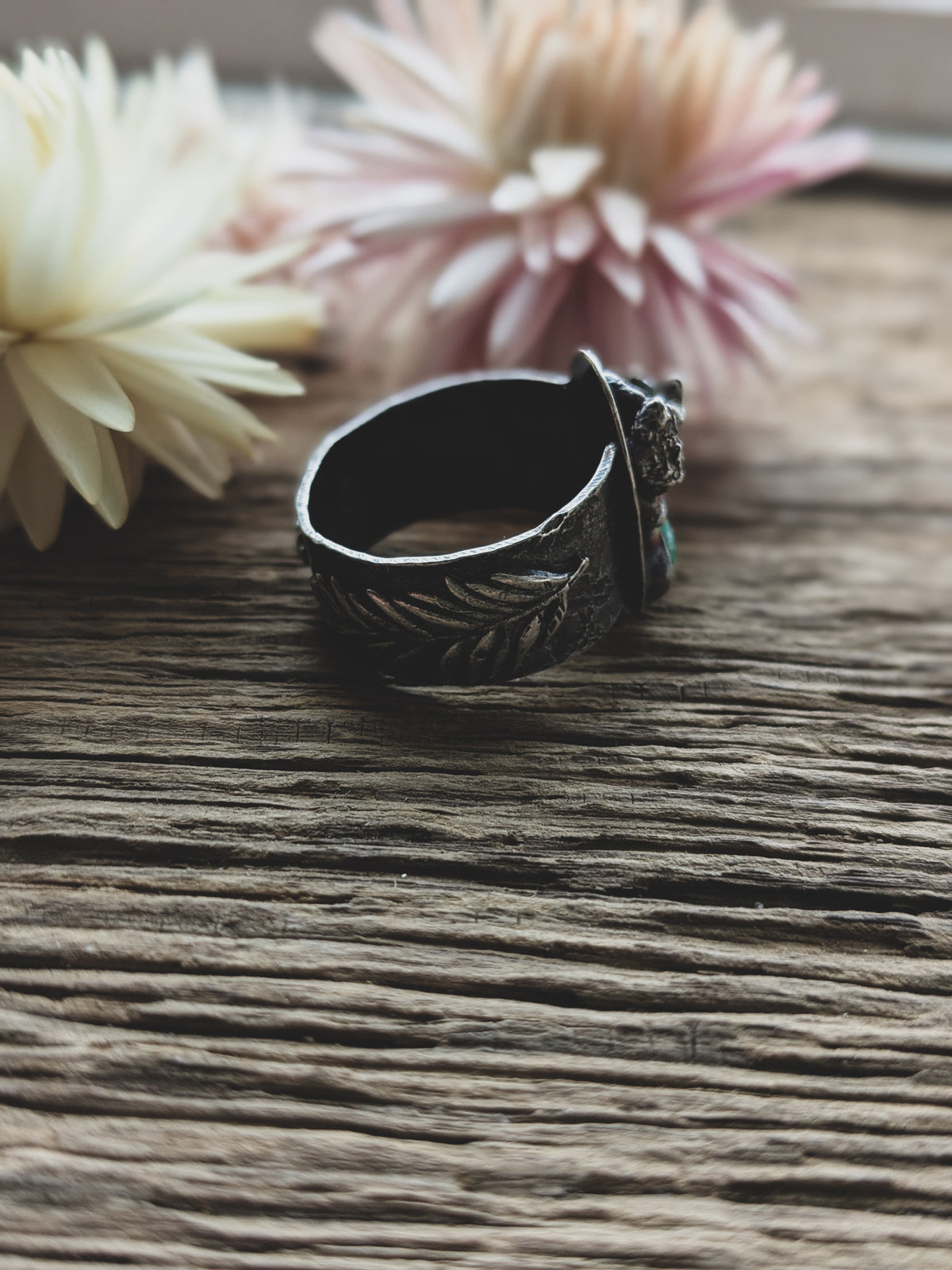 Handmade Sterling Silver Sonoran Gold Turquoise Ring – Fern & Mushroom Design