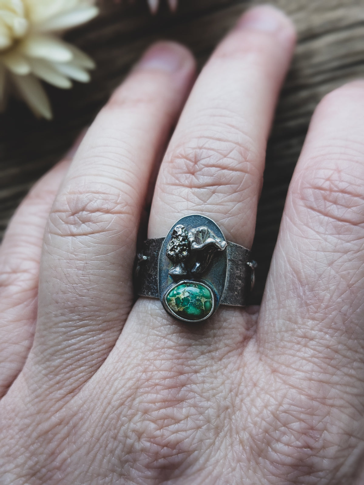 Handmade Sterling Silver Sonoran Gold Turquoise Ring – Fern & Mushroom Design