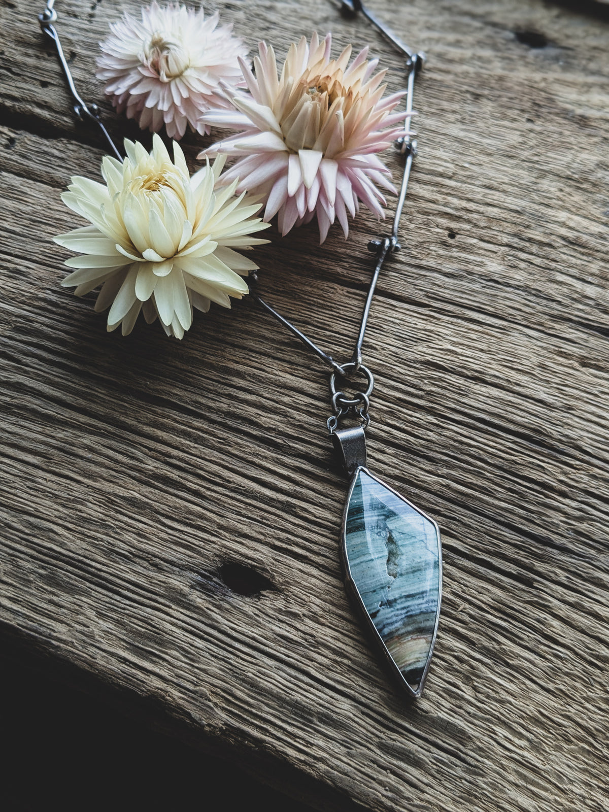 Sterling Silver Druzy Gary Green Jasper Necklace – Brutalist Gothic Handmade Chain
