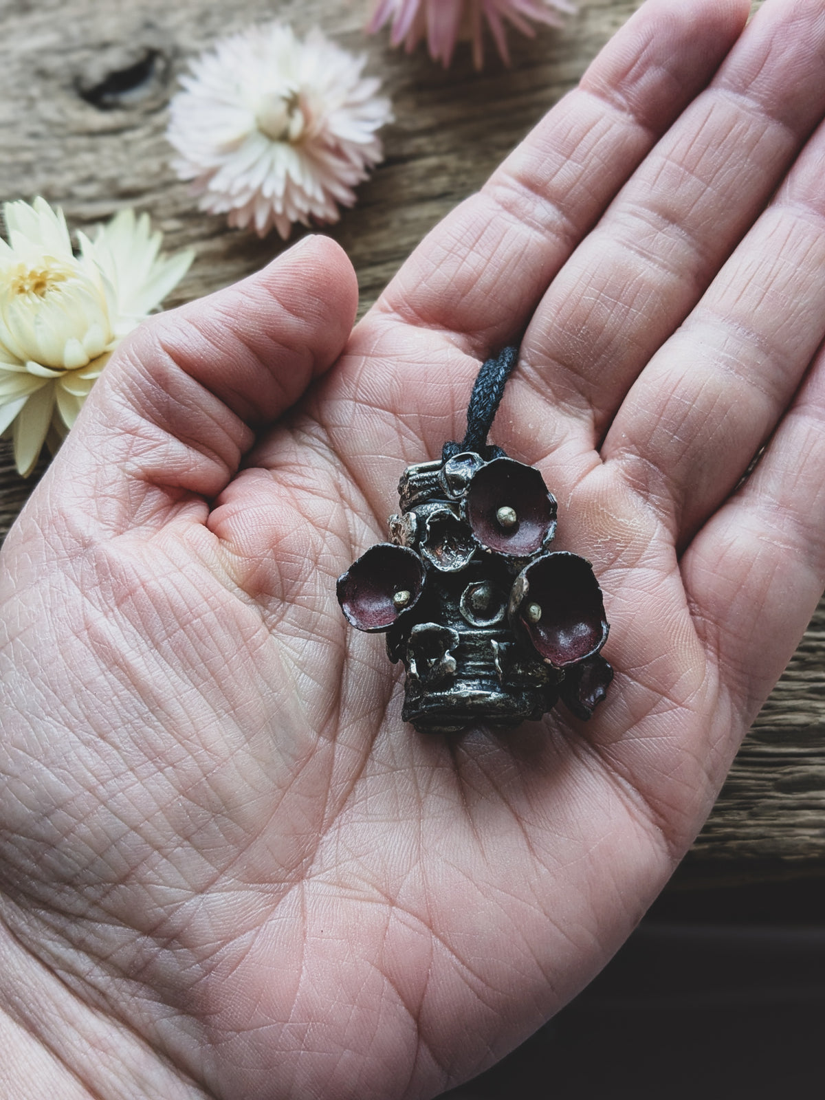 Hand-Fabricated Sterling Silver & Enameled Copper Necklace – Lichen Log with Scarlet Elf Cup Mushrooms