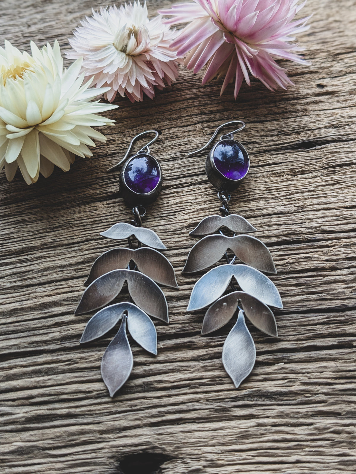 Hand-Fabricated Sterling Silver Kinetic Amethyst Earrings – Articulated, Moving Design