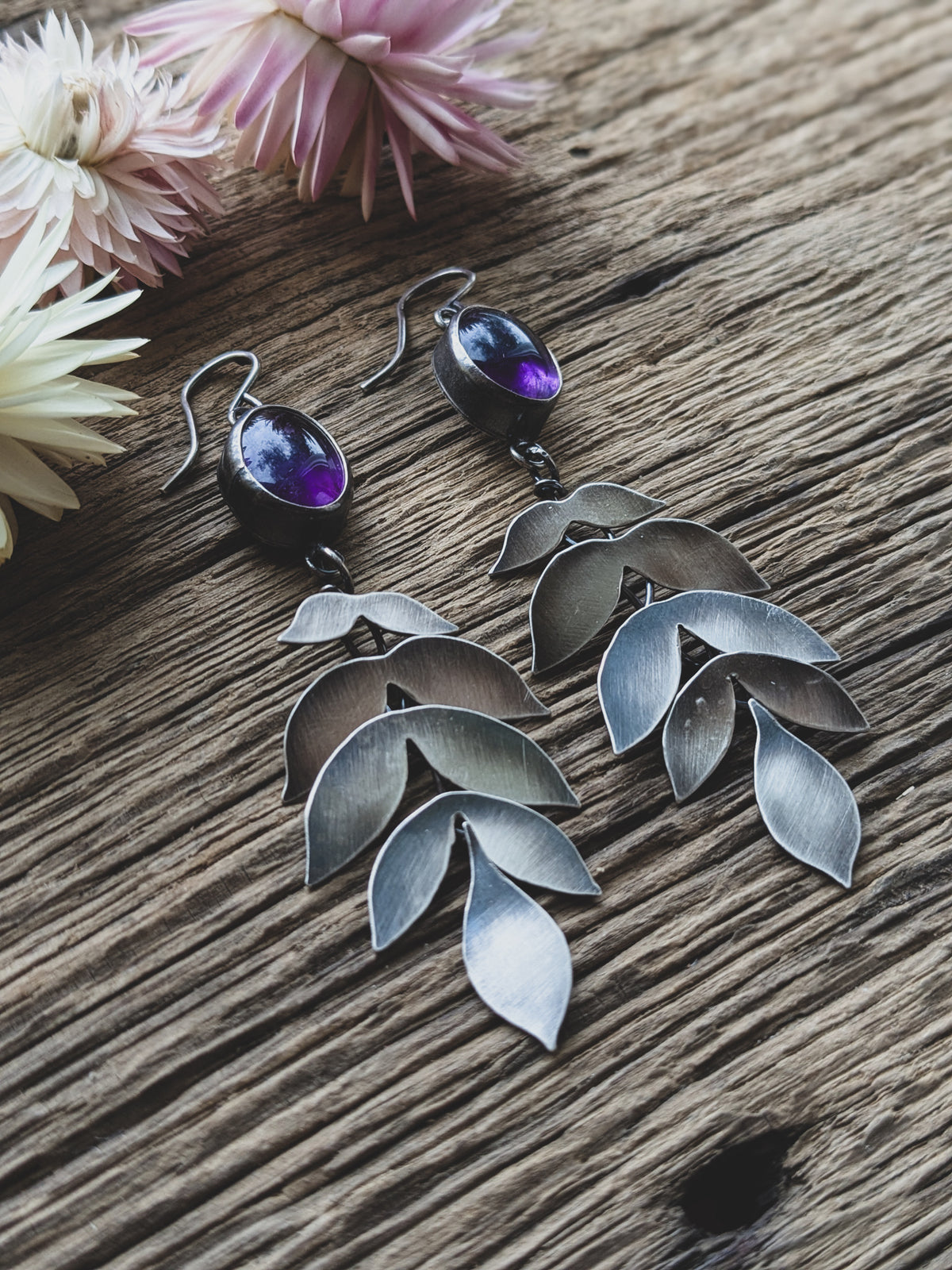 Hand-Fabricated Sterling Silver Kinetic Amethyst Earrings – Articulated, Moving Design